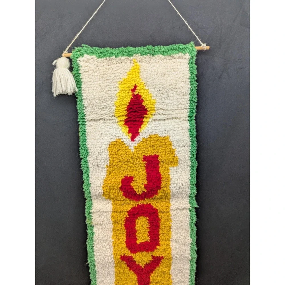 VTG Joy Christmas Candle Wall Hanging Latch Hook Shag Yarn Art 12